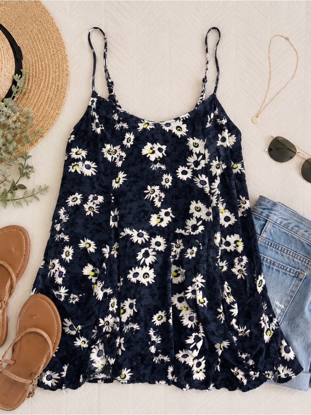 American Eagle Outfitters Navy and White Floral Tunic Top
